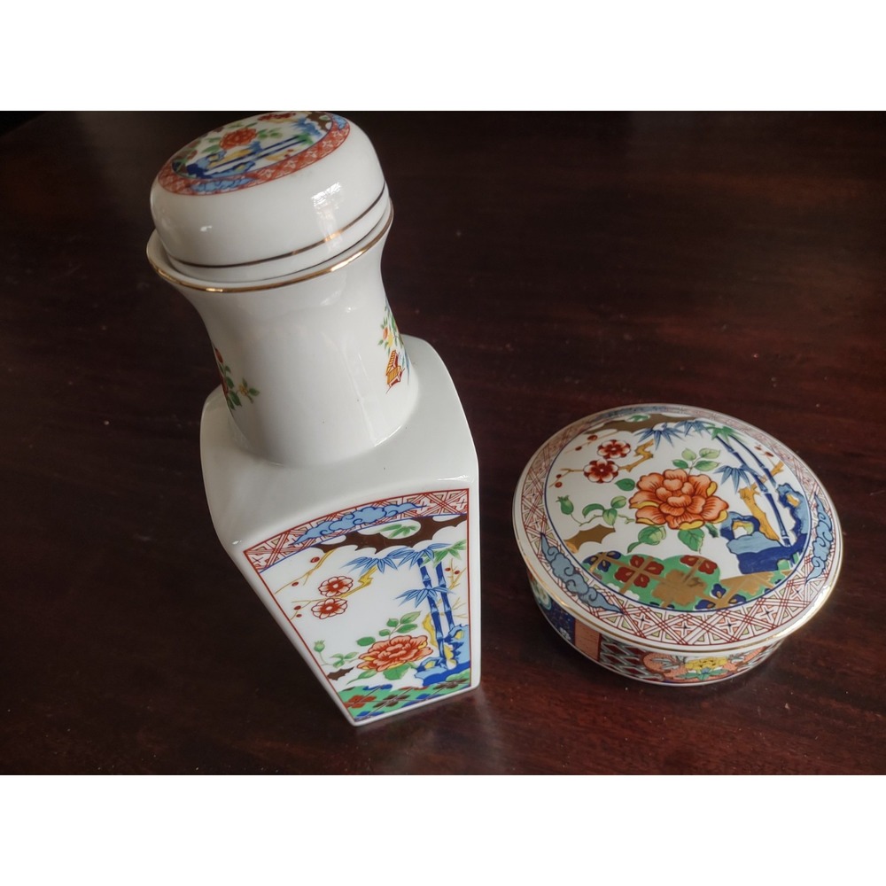 Vintage Imari Ware Japanese Porcelain Vase And Bowl- Bamboo with gold trim